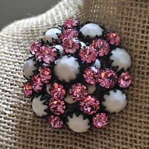Rare Signed Schreiner New York Pink Crystal & White Milk Glass Brooch